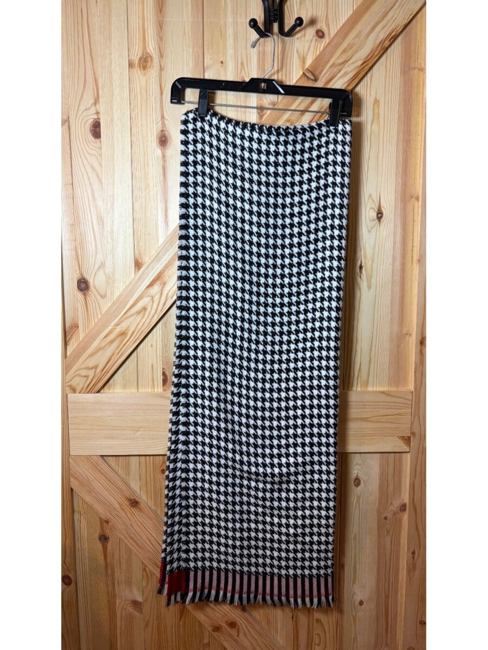Chico's Black and White Houndstooth Patterned Scarf with Red Accent